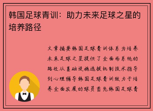 韩国足球青训：助力未来足球之星的培养路径